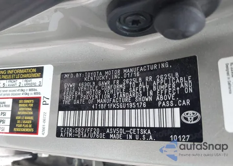 2016 Toyota Camry Se из США, поврежденный, VIN 4T1BF1FK5GU195176